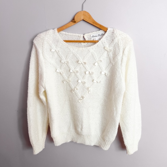 Vintage Cream Cable Knit Sweater with Bows and Pearls Size Large Coquette Girly - Picture 1 of 14